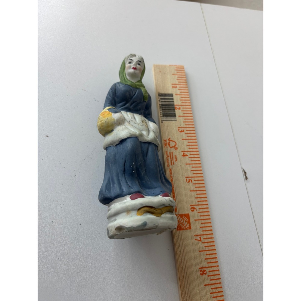 Vintage Ceramic Woman Figurine Blue Dress Green Scarf Peasant Folk Art 6 Inch